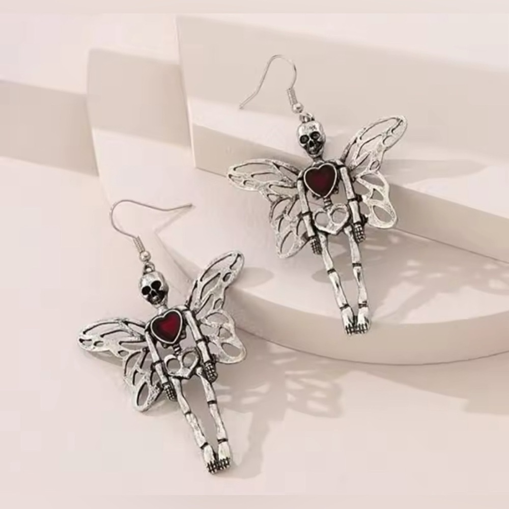 925 Sterling Silver Fairy Folk Skeleton Drop Earrings With Enameled Heart - Picture 4 of 6